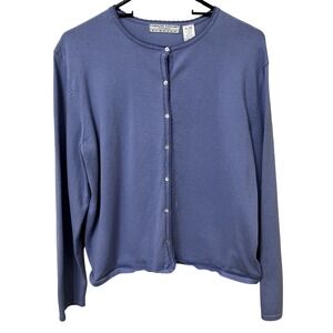 Carolyn Taylor Blue Scalloped Trim Button Front Cardigan Sweater XL Cotton Blend